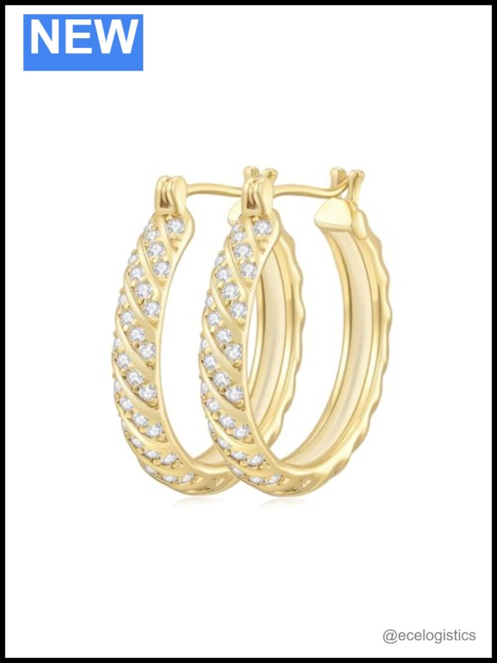 14K Gold Plated Spiral Hoop Earrings Cubic Zirconia Hypoallergenic 25MM